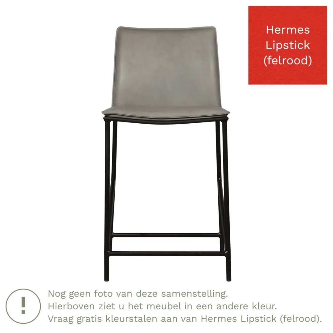 afbeelding van Leren barkruk laag Favor - Hermes Lipstick (felrood) - poten staal rond zwart